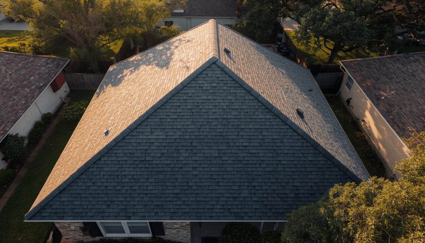 Aerial view of a well-maintained gray asphalt shingle roof on a home surrounded by trees in the DFW area