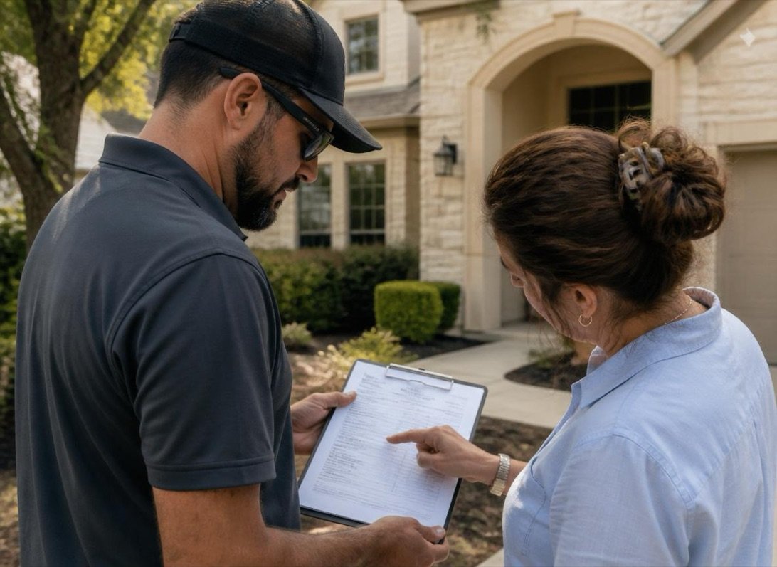 Two people reviewing a printed roof quote estimate together outdoors