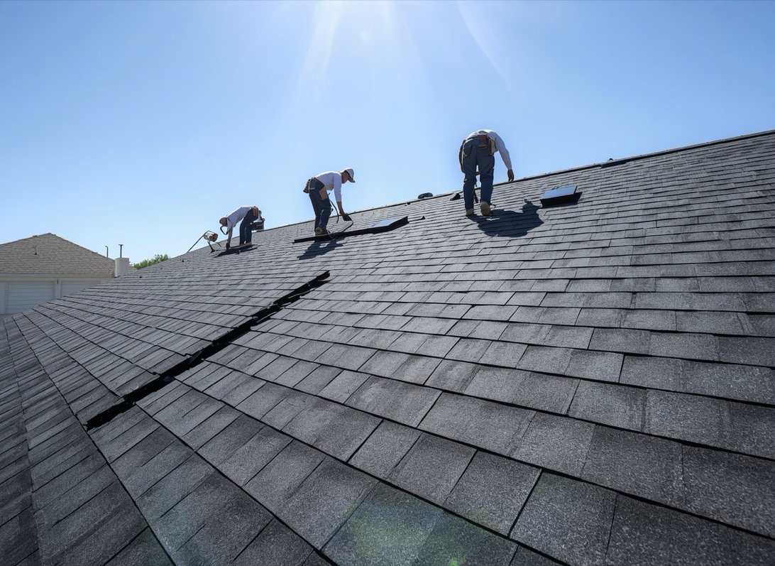 New asphalt shingle roof installation in progress on a DFW home