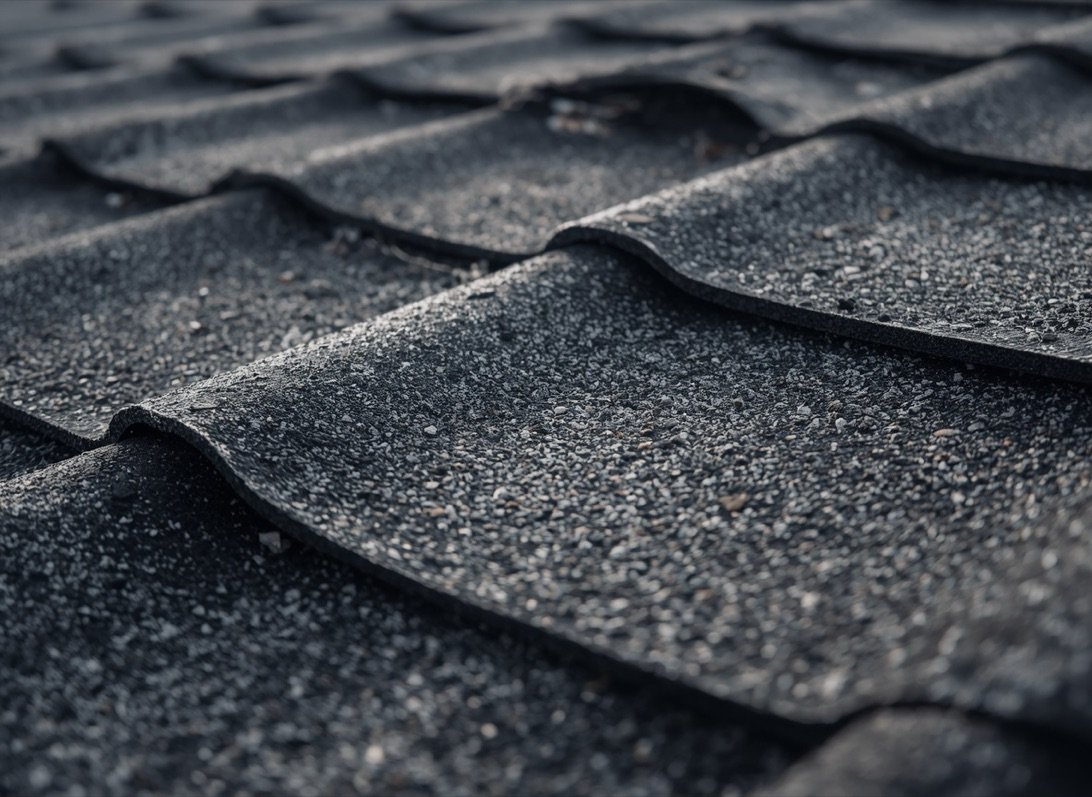 Close-up of curling, worn asphalt shingles with granule loss