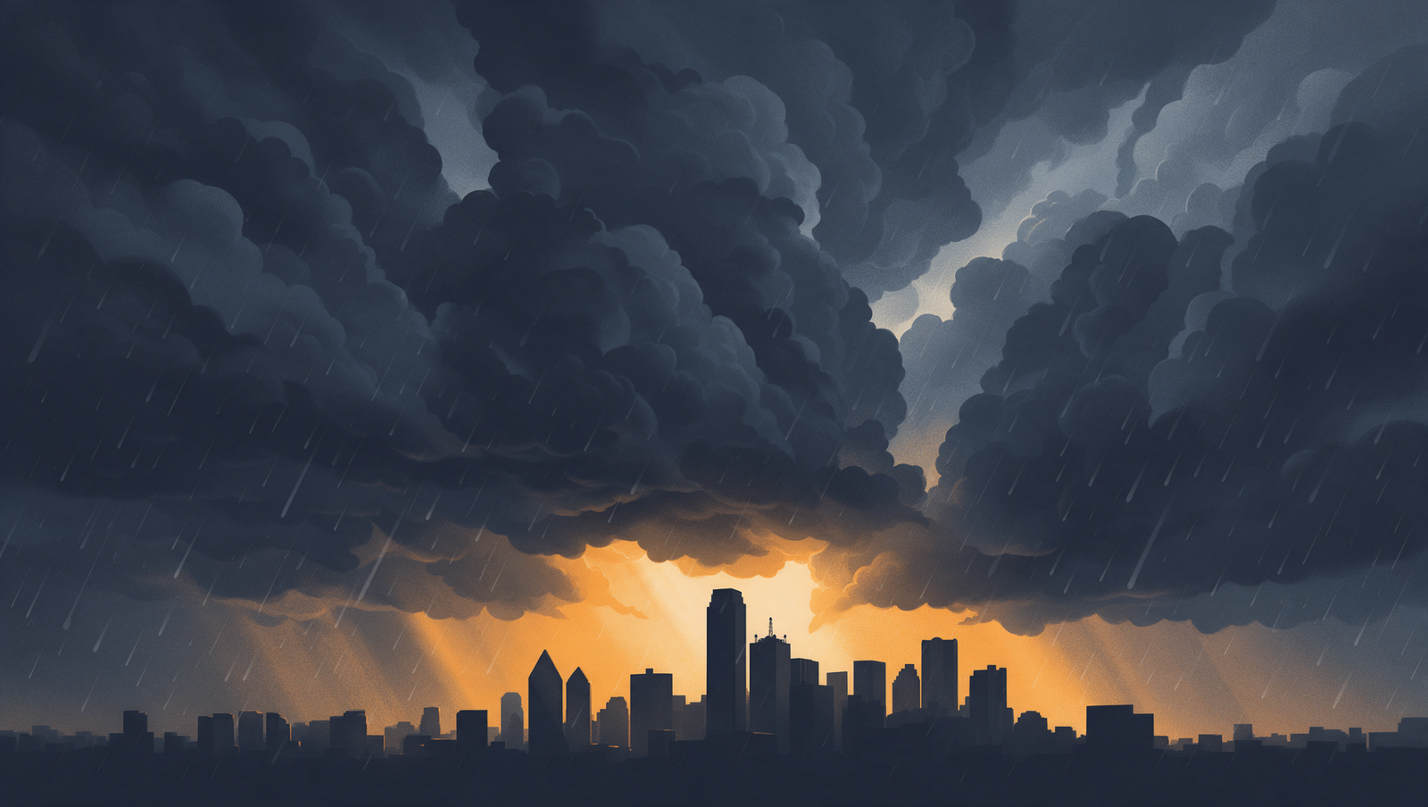 Stylized storm mood illustration over the Dallas-Fort Worth skyline
