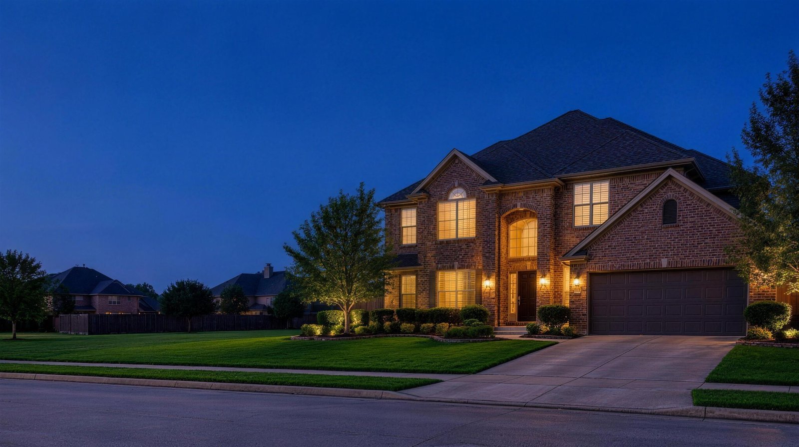 Two-story brick home in an Arlington, Texas neighborhood at dusk with warm lights in the windows