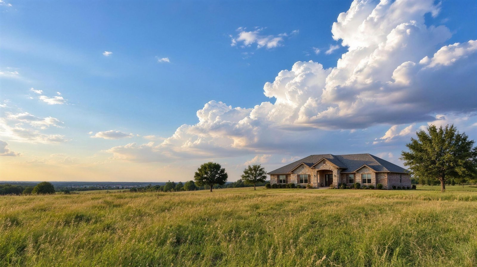 Ranch-style home across an open pasture under big clouds in Burleson, Texas