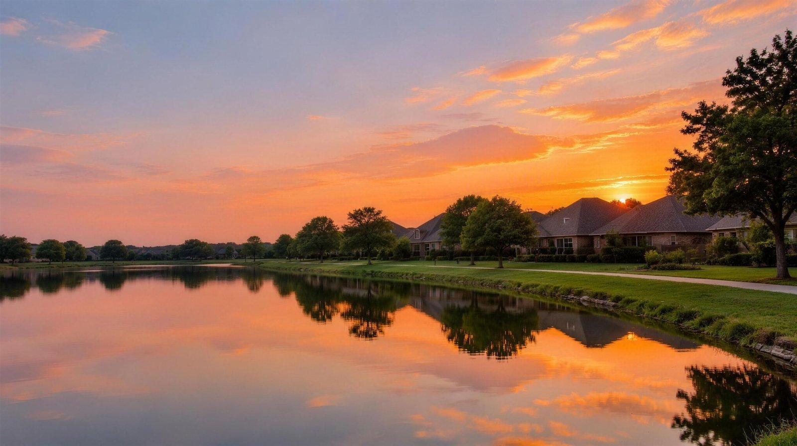 Neighborhood rooftops reflected in a pond at sunset in Euless, Texas