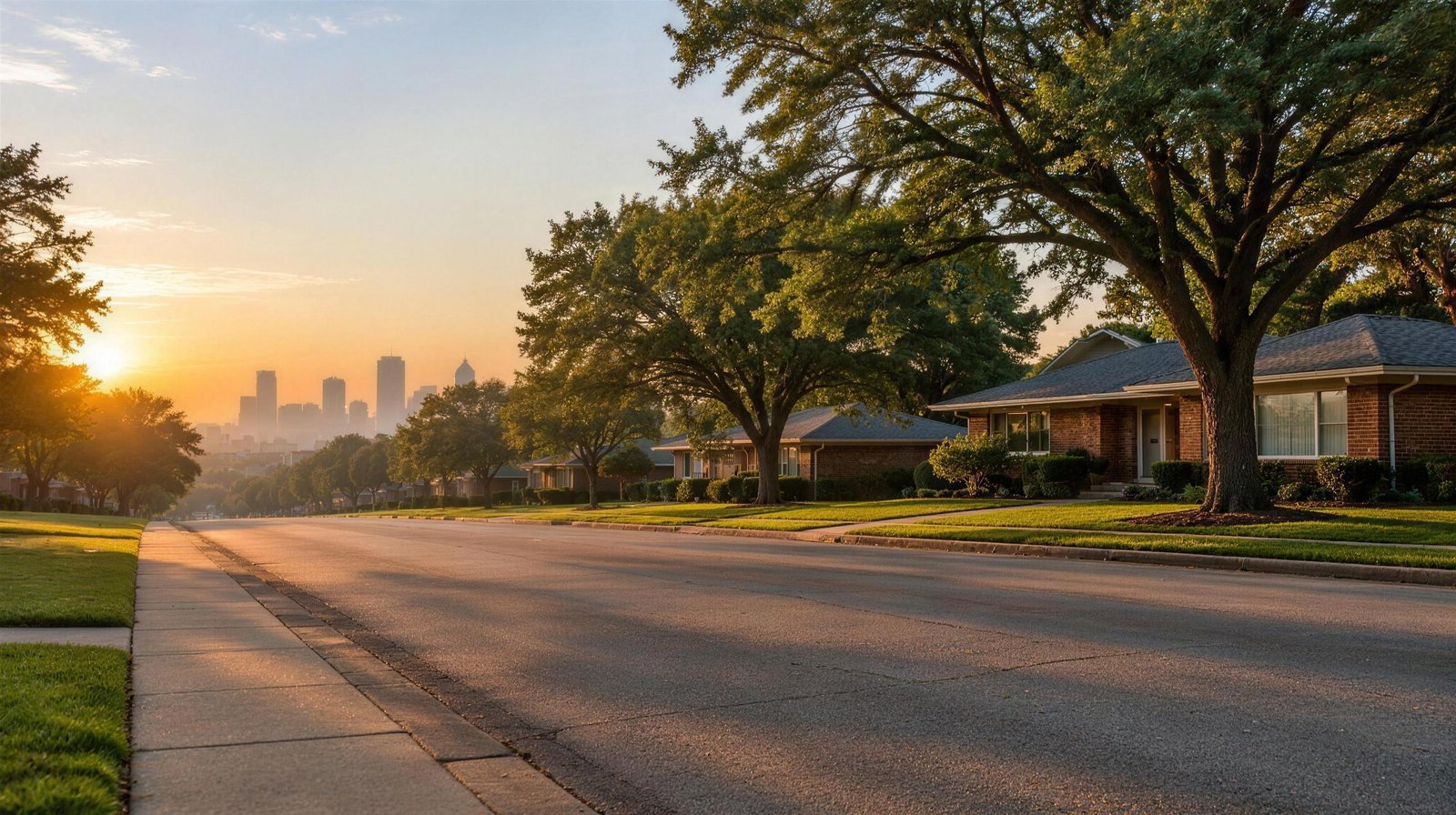 Tree-lined residential street in Fort Worth, Texas at sunrise with the downtown skyline in the distance