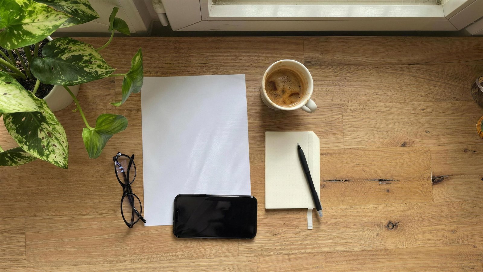 Overhead view of a kitchen table with a blank sheet, a phone, a coffee mug and a notepad in morning light