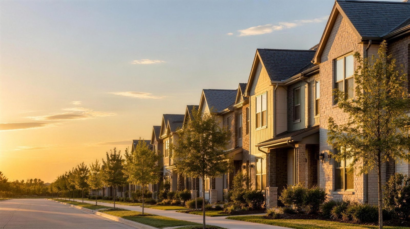 Row of townhomes on a quiet Irving, Texas street in warm late afternoon light