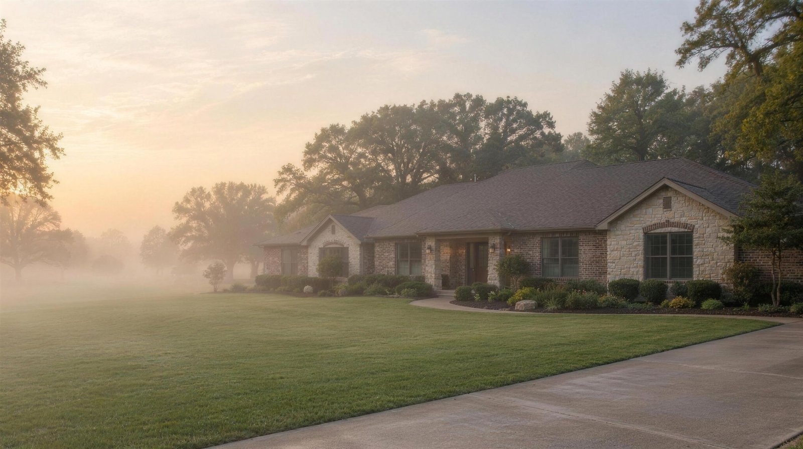 Long stone and brick ranch-style home on a misty morning in Keller, Texas