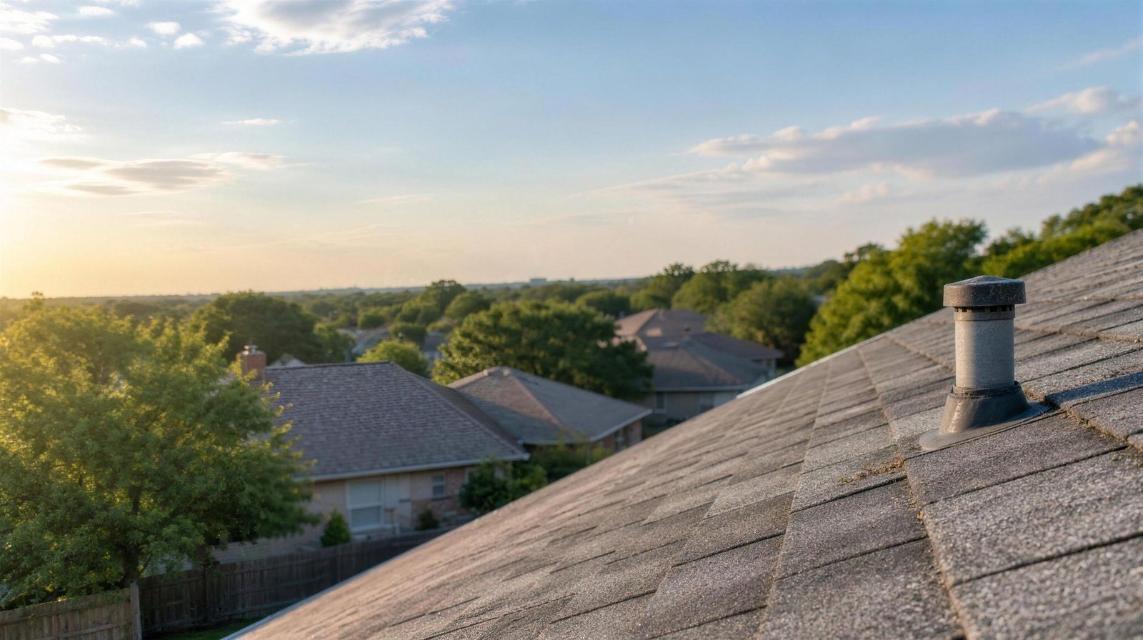 View from a roof ridge over gray shingles toward neighboring rooftops in North Richland Hills, Texas