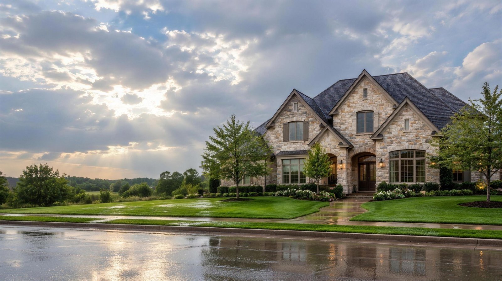 Large stone home with steep gables after a spring rain in Southlake, Texas